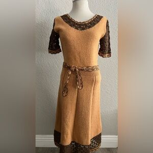 Handmade Knit Vintage A line Dress size M 6/8 dark yellow brown w belt